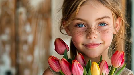 portrait of a young girl with blue eyes and tulips