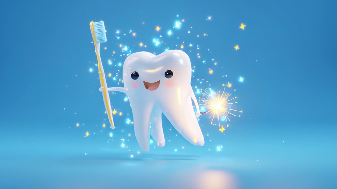 A joyful animated tooth character celebrating dental health with a toothbrush and sparkling wand, promoting oral hygiene through a fun and engaging representation