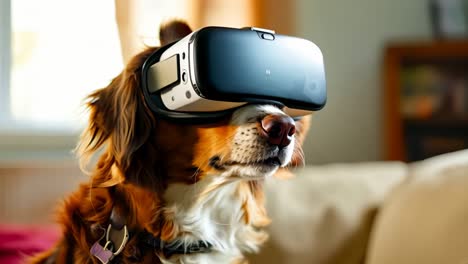 a dog wearing a virtual reality headset sitting on a couch