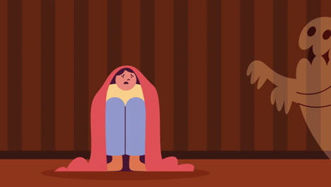 un niño escondiéndose bajo una manta de un fantasma