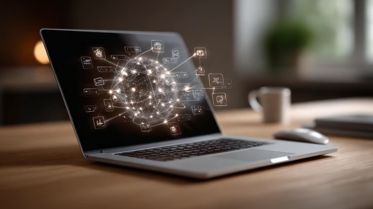 A High-Tech Laptop Displaying an Interactive Network Visualization Representing Connectivity and Data Flow in a Modern Digital Workspace
