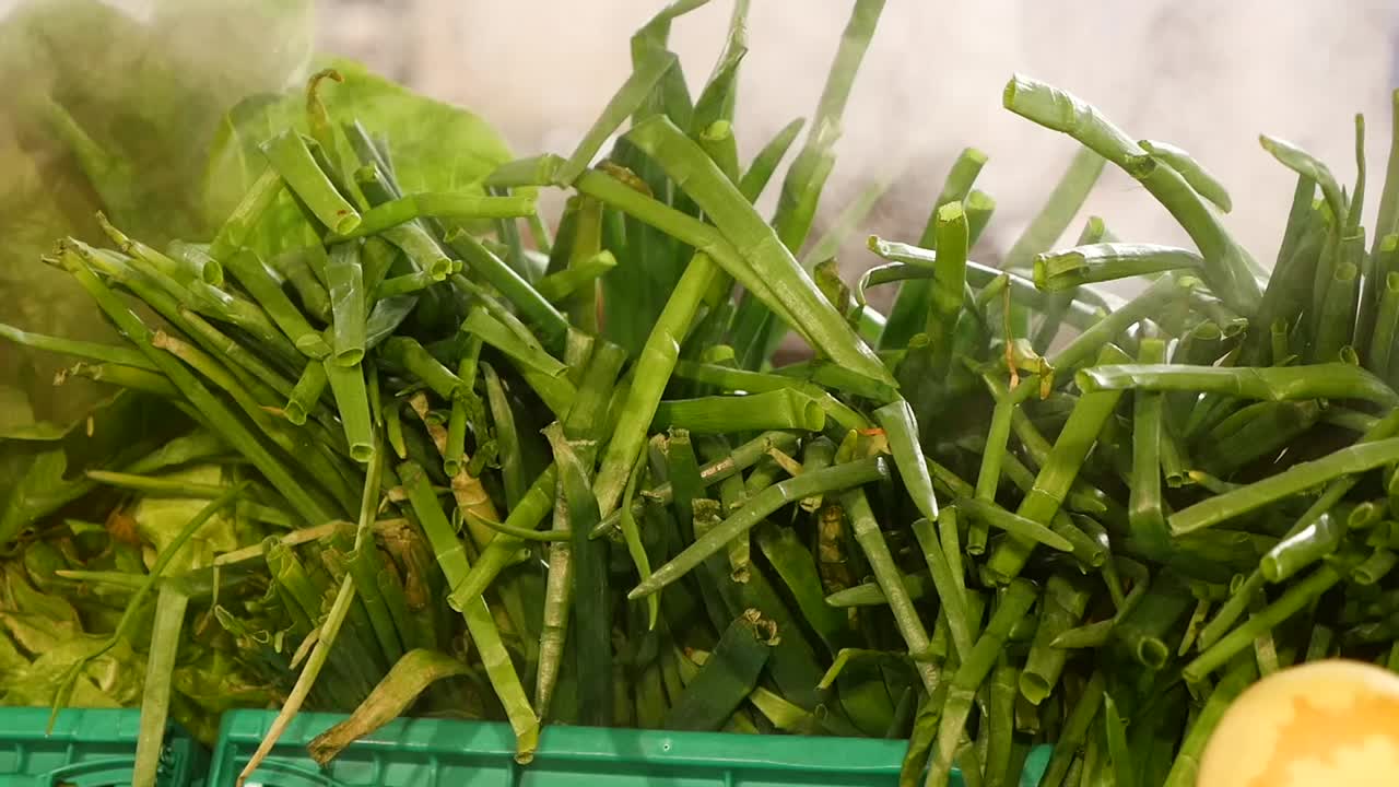 Close-up of Fresh Spring Onions with Misting System