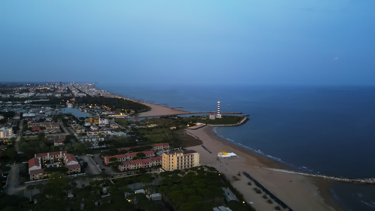 Aerial drone view of Cavallino-Treporti in the Venetian Lagoon in northern Italy in the evening