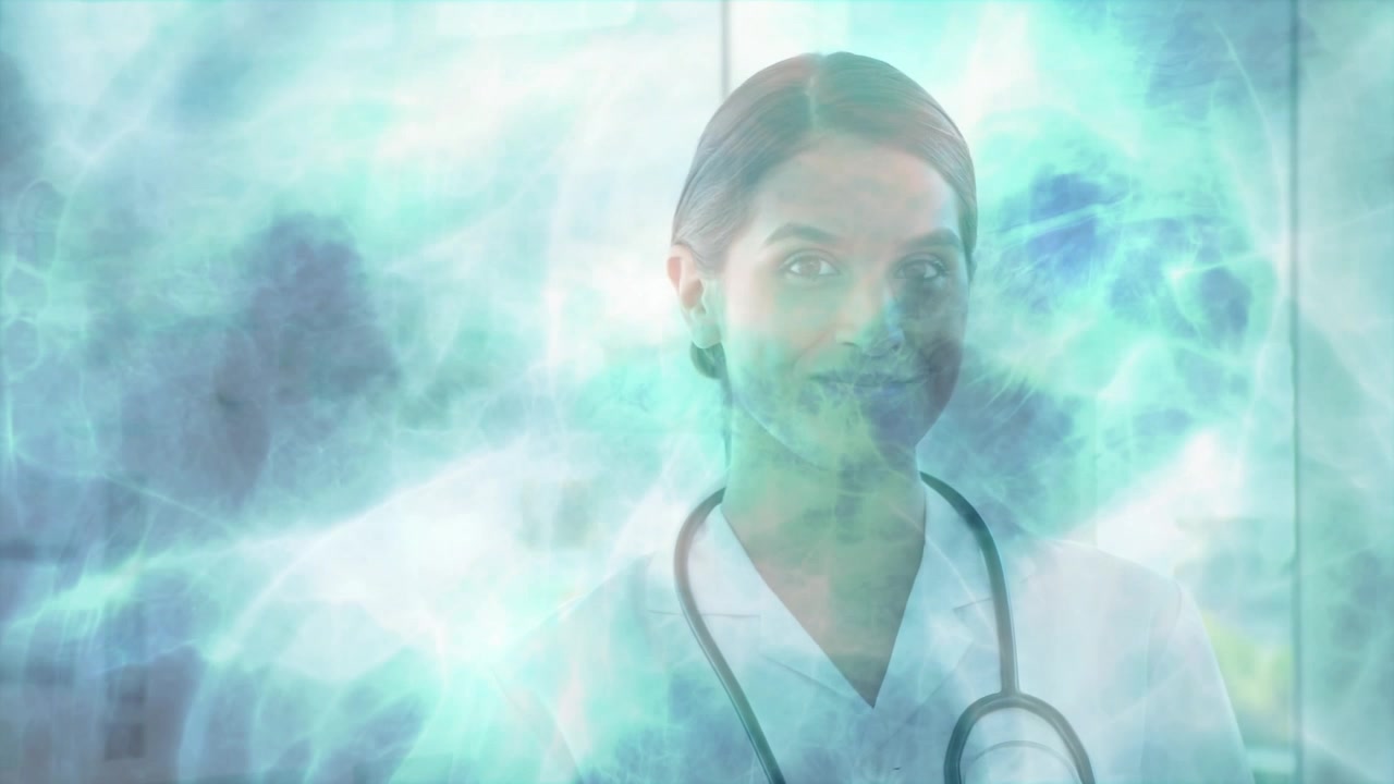 Animación de un paisaje marino sobre el retrato de una doctora caucásica usando una tableta digital en un hospital.