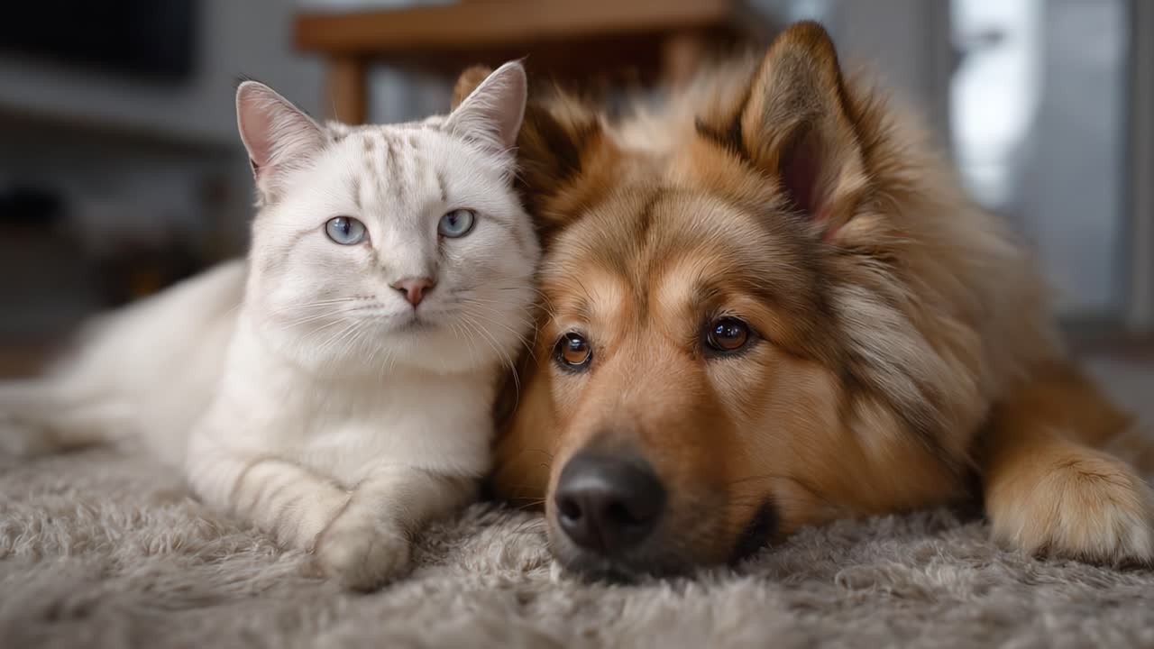 Yumuşak bir halı üzerinde kucaklaşan bir kedi ve köpeğin iç ısıtan sahnesi, rahat bir iç mekanda aralarındaki bağı ve sakinliği yakalıyor