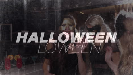 animation of halloween writing over people dancing in background