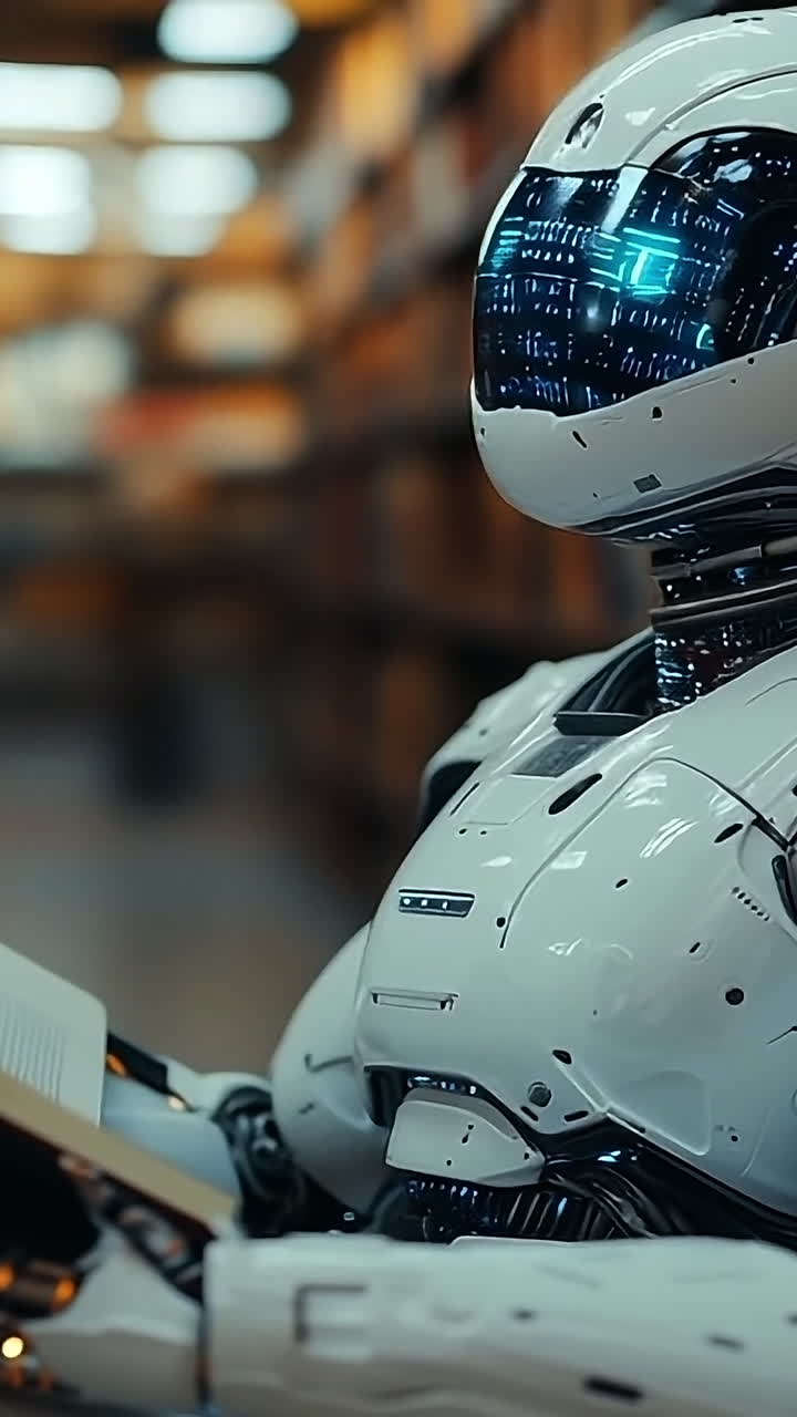 Robot reading in an old library. A humanoid robot sits among shelves of books in a library, intently reading a large book.