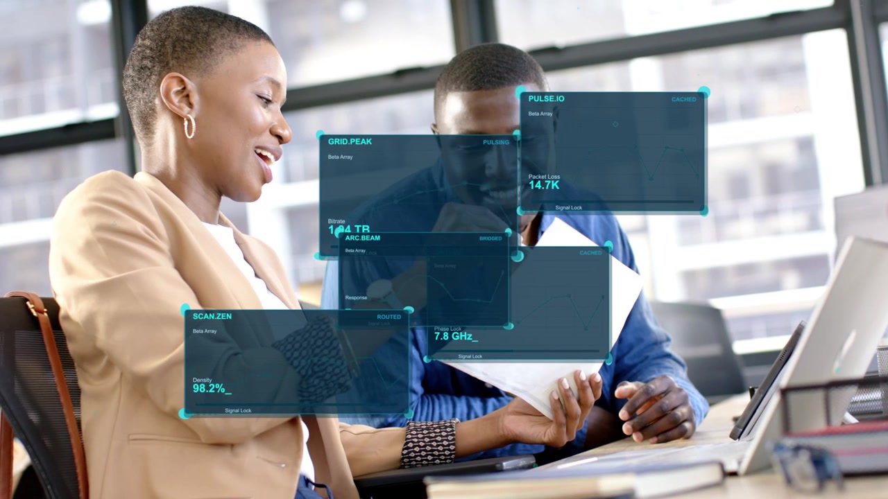 Woman pointing pen causing teal HUD stacking over paper, man leaning in reviewing business metrics