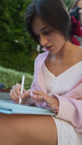 teenage girl drawing on a tablet in a garden