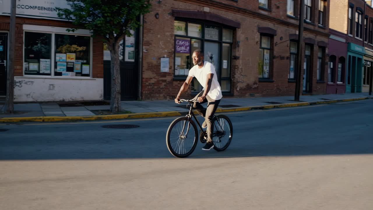 A man rides a bicycle on a city street in a late afternoon setting. The video captures a side angle