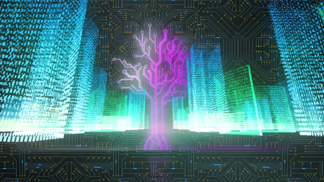 Animation of circuit board pattern forming tree, 3d structure of buildings over abstract background