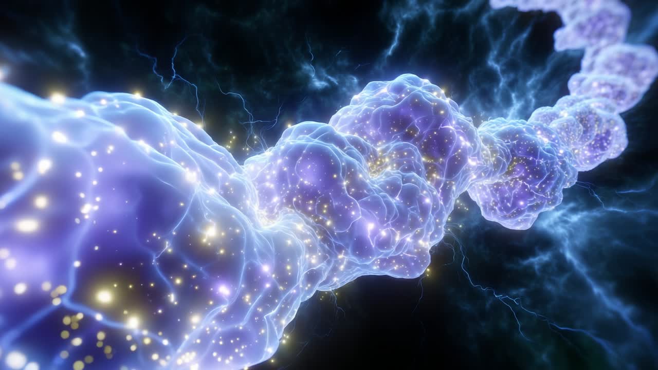 A mesmerizing portrayal of a vibrant and dynamic molecular structure illuminated with sparkling particles, showcasing the intricate beauty of biology through stunning visual representation filled with electric energy