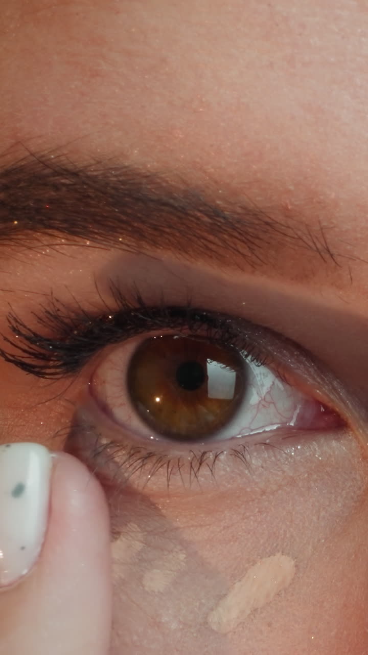 Woman smears pastel concealer on soft skin under eyes with finger to cover dark circles. Lady prepares face for doing professional makeup macro