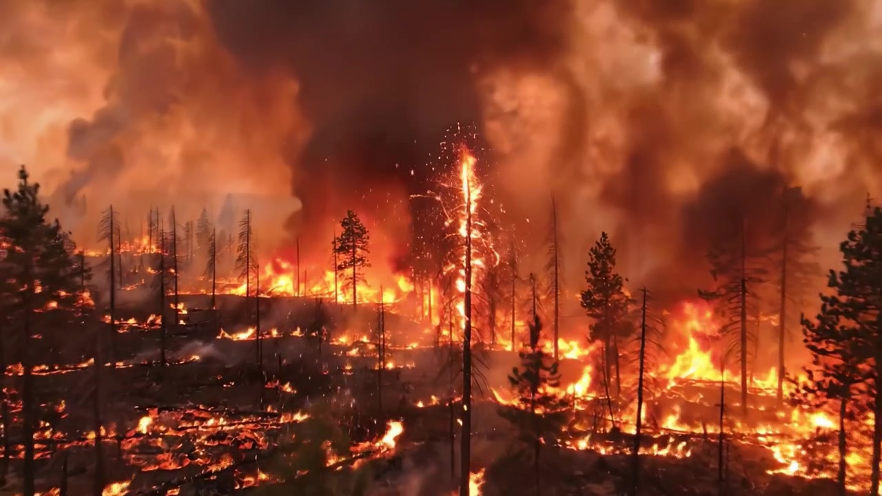 Un intenso incendio boschivo avvolge il paesaggio boschivo tra le fiamme, lasciando dietro di sé un terreno devastato e fumante mentre un denso fumo si innalza nel cielo