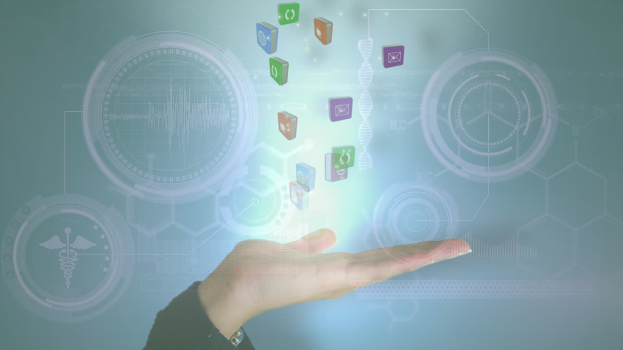 animación de iconos flotando sobre la mano de una mujer caucásica en fondo gris con datos diversos