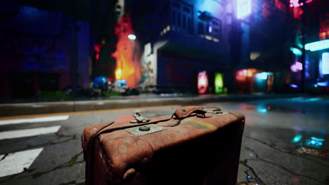 abandoned suitcase on a cyberpunk street
