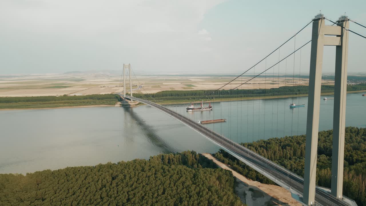 The Danube River With The Longest Suspension Bridge Near Braila In Galati, Romania. Aerial Shot