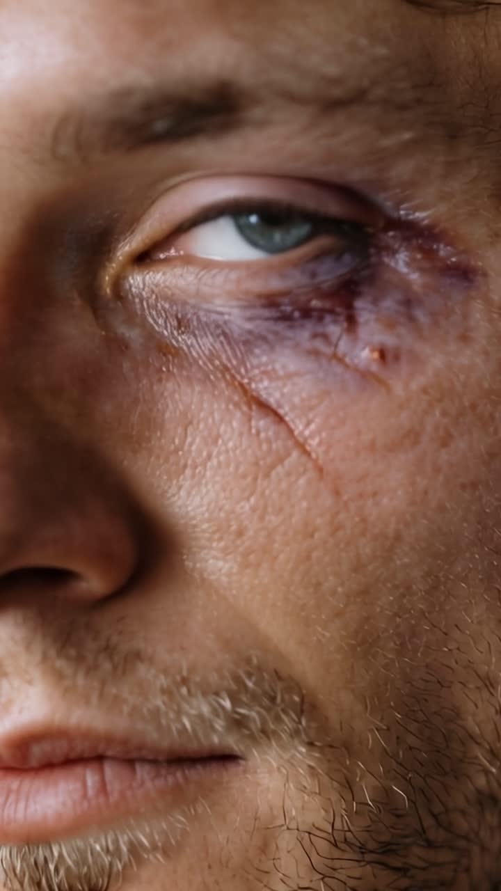Blue eye, bruised, swollen. Facial injury, visible, close-up. Suffering, pain, emotion shown. Ideal for injury, medical, drama scenes