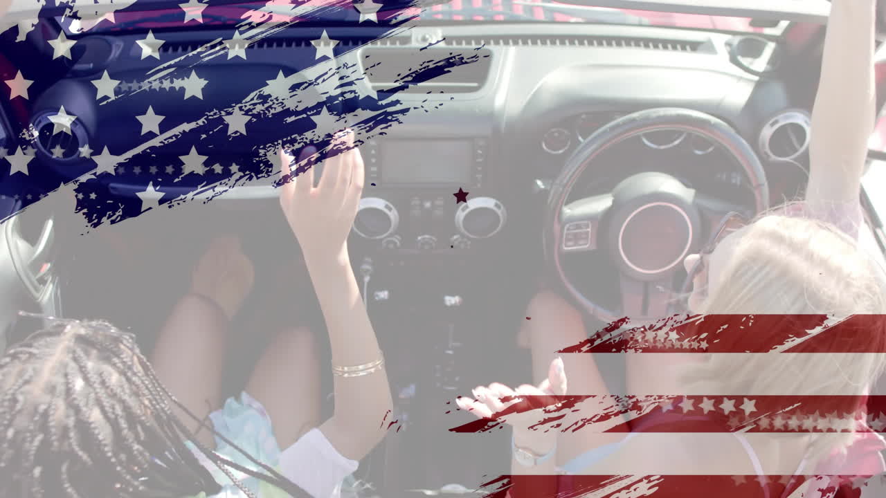 여름에 해변에서 차에서 행복한 다양한 여성 위에 미국 발의 애니메이션