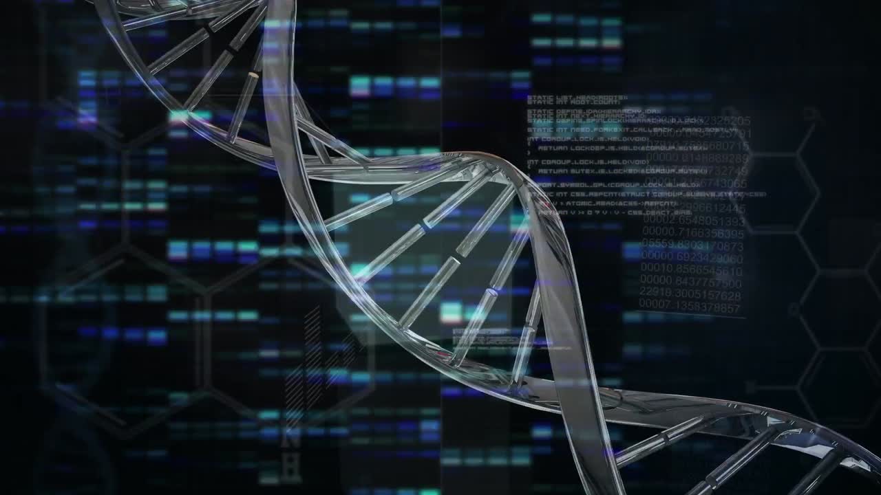 Animation of dna chain rotating over data processing and lights on black background