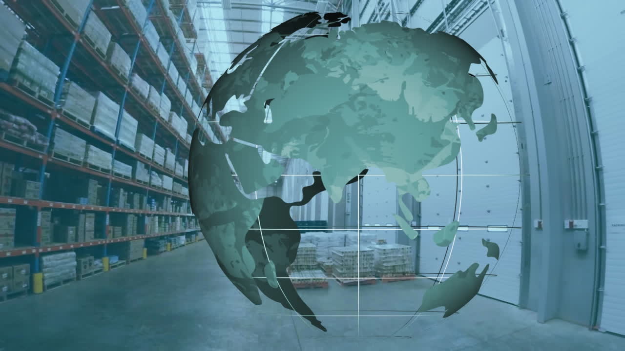 Animation of globe spinning over warehouse