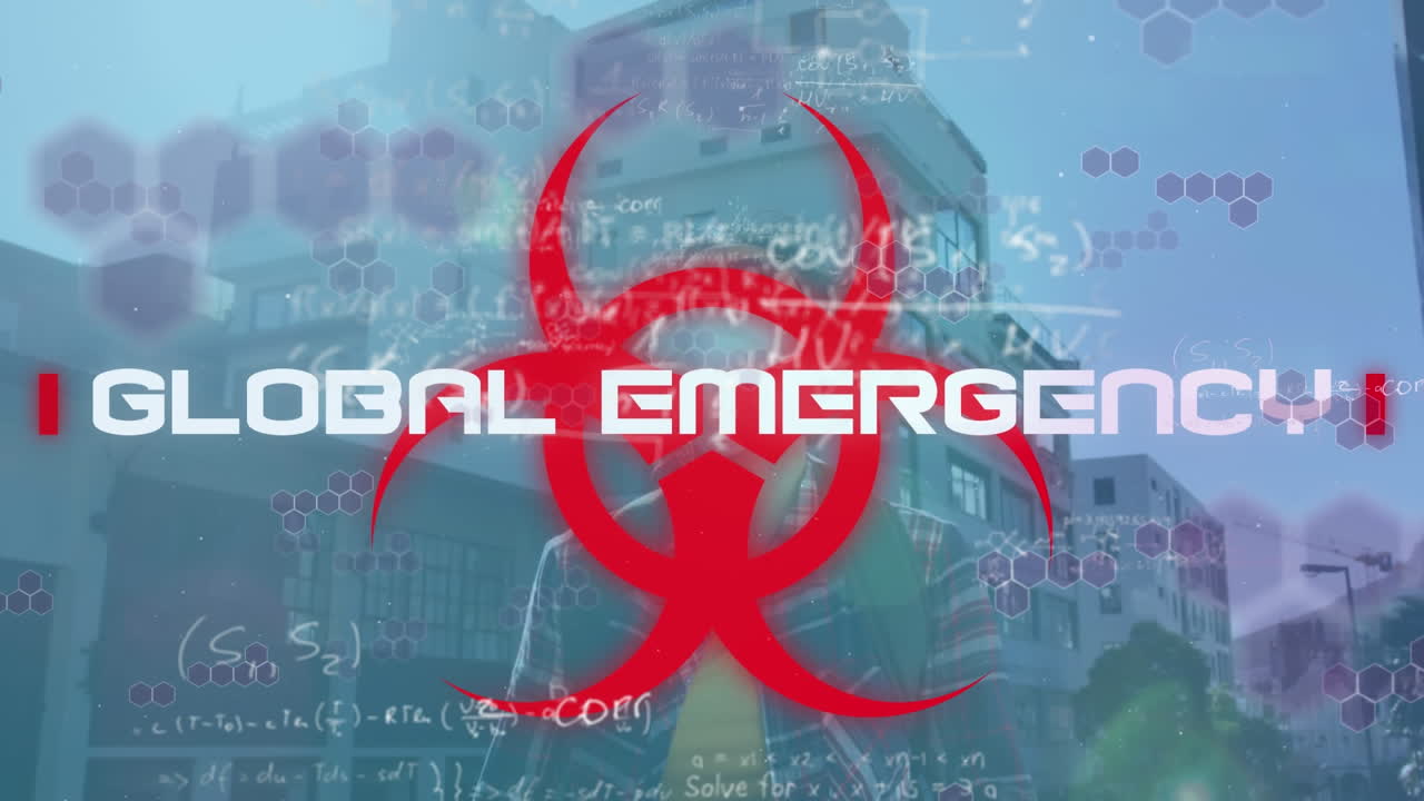 animación del procesamiento de datos de covid-19 sobre el símbolo de riesgo biológico y el hombre con máscara facial