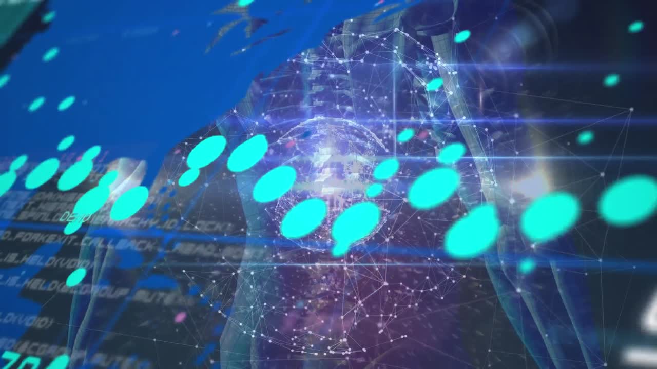 검은색 바탕에 그래프, 연결, 지구와 인간 모델의 애니메이션