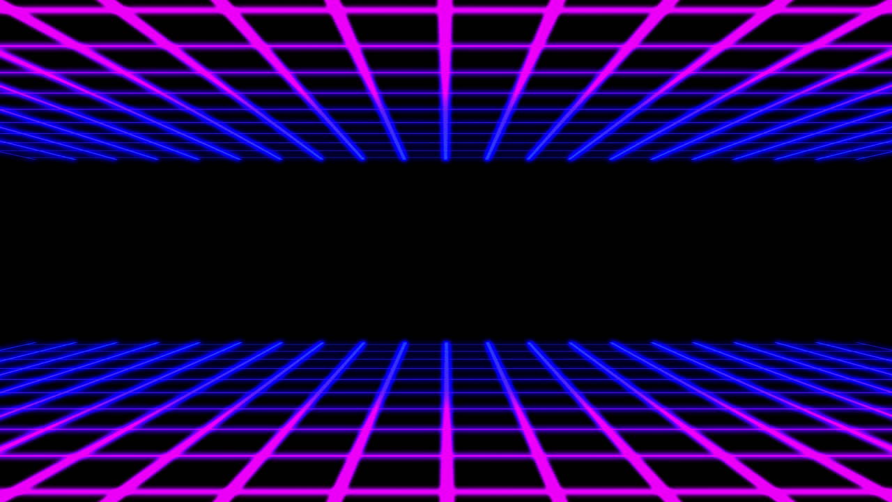 animación digital de líneas de cuadrícula brillantes en una pantalla de juego, cambiando de rosa a azul.