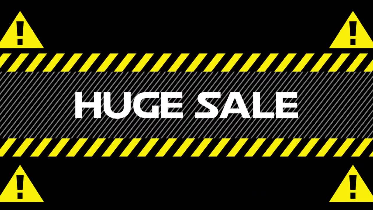 위험 표지판에 거대한 판매 텍스트의 애니메이션, 검은색에 분홍색 연기 폭발