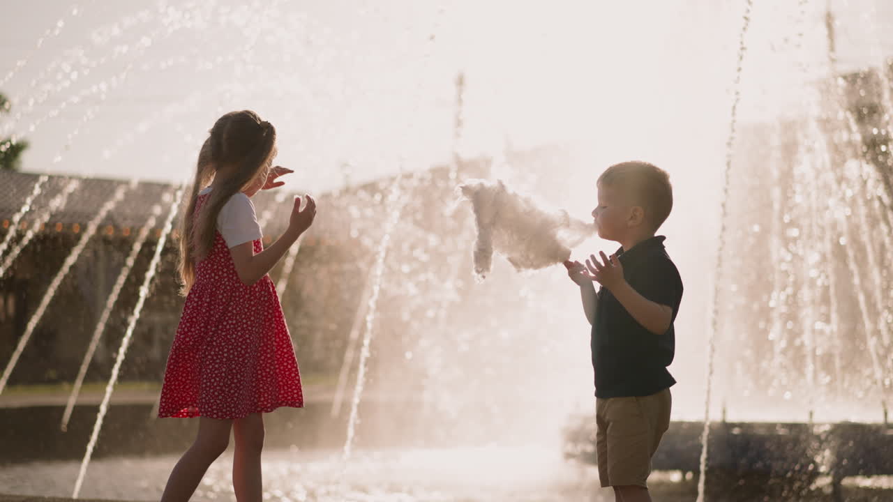 작은 소년 은 공원 에 있는 여동생 과 함께 설탕 과자 양털 을 먹는다