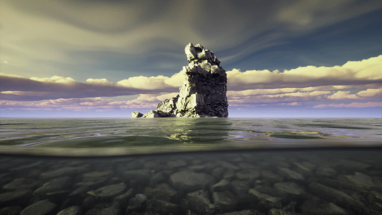Lonely rock formation rising above calm water under dramatic cloudy sky