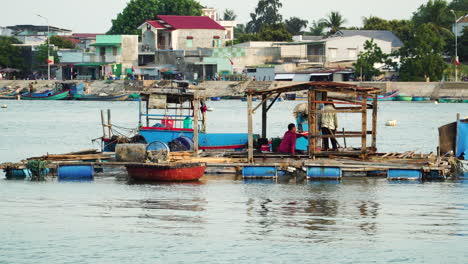 Fish-farm-with-owner-feeding-fish-in-Mui-ne-harbor,-Vietnam