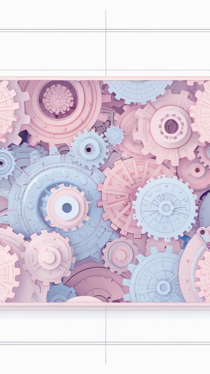 Vertical video: Turning pastel gears shifting on start inside white frame with guide lines for show