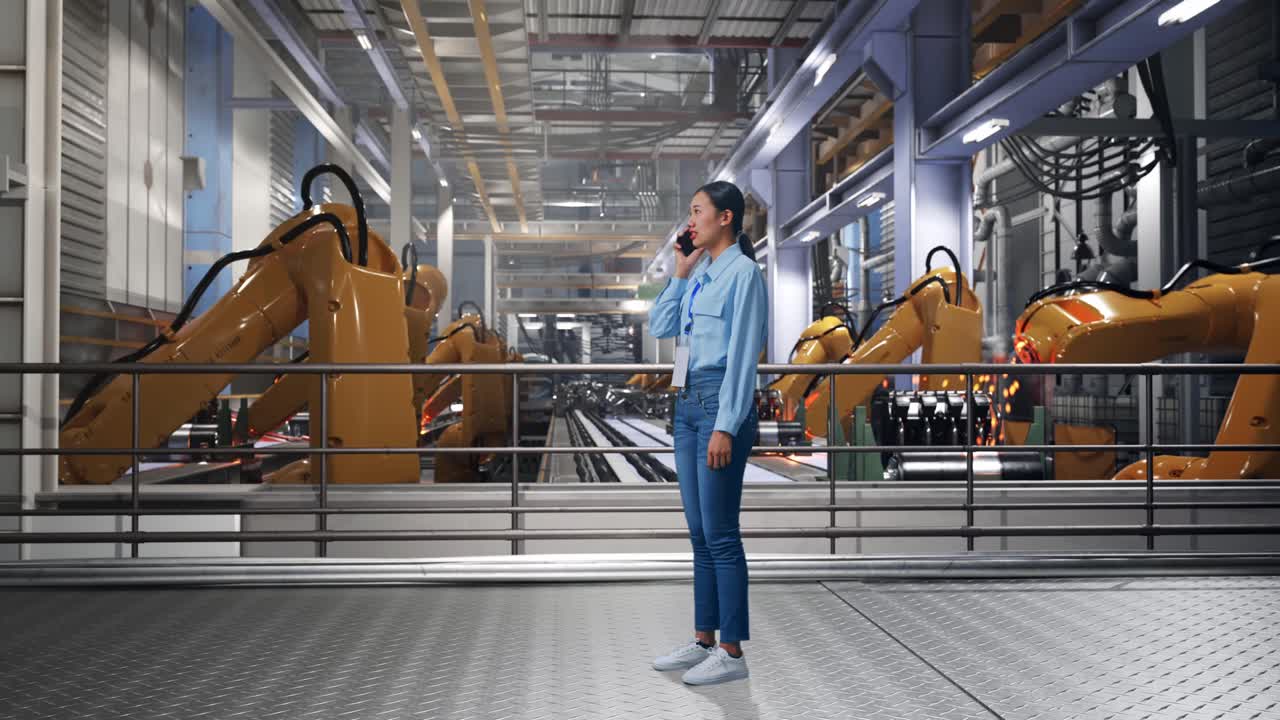 Full Body Side View Of Asian Female With Industrial Robotic Arms Working, She Is Speaking With Someone In The Phone