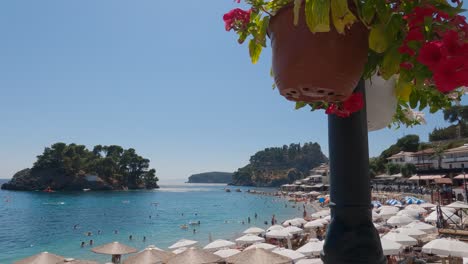 Toma-Panorámica-De-Una-Maceta-De-Flores-Y-Cientos-De-Sombrillas-De-Playa-En-Parga,-Grecia