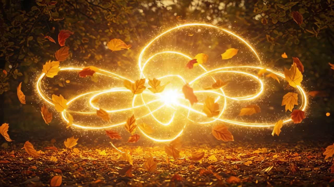 A Captivating Display of Glowing Patterns and Falling Leaves, Illuminating the Autumn Scene with Warm Light and Enchanting Energy Transformations