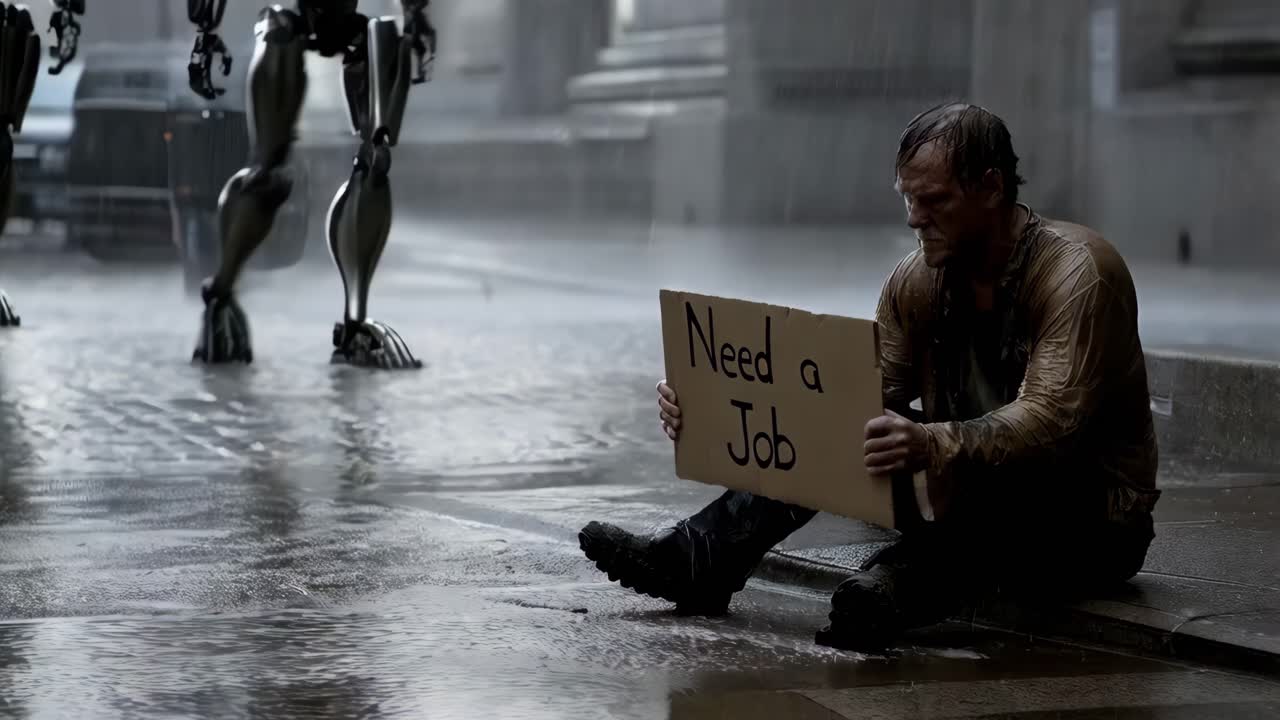 로과 함께 비가 오는 도시에서 실업자