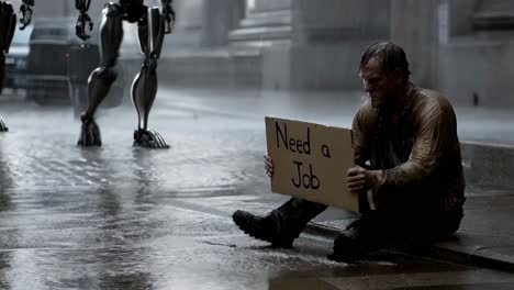 Jobless man in a rainy city with robots