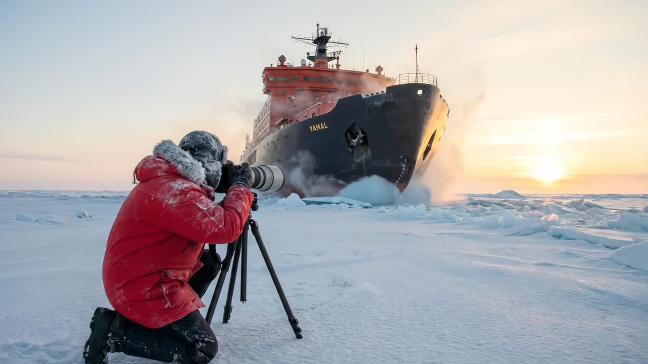 Fotograf fanger isbryderskib, der bryder gennem arktisk is ved solnedgang