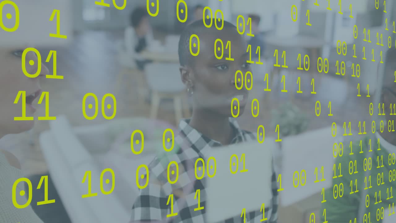 Binary data scrolling board sparking tech training with mentor guiding student annotating sequence