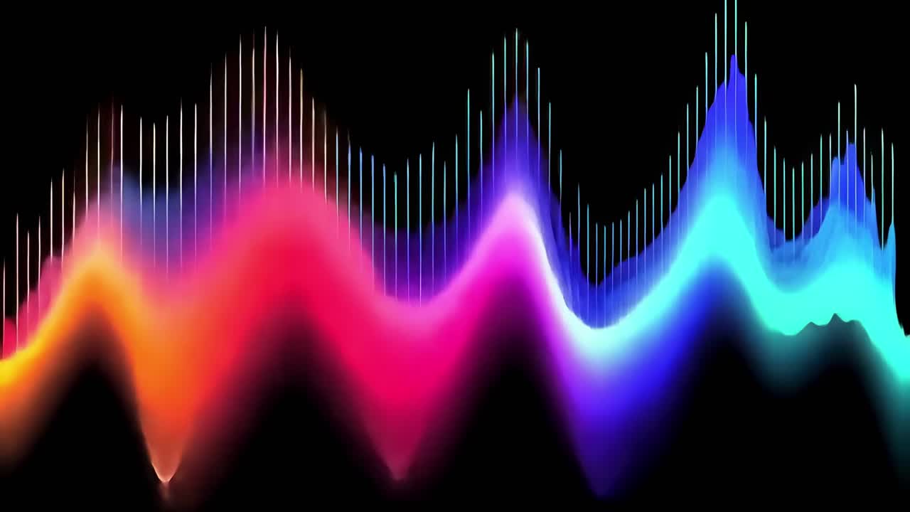 Vibrant sound waves in a video, featuring a colorful, abstract design with a dynamic, low-angle