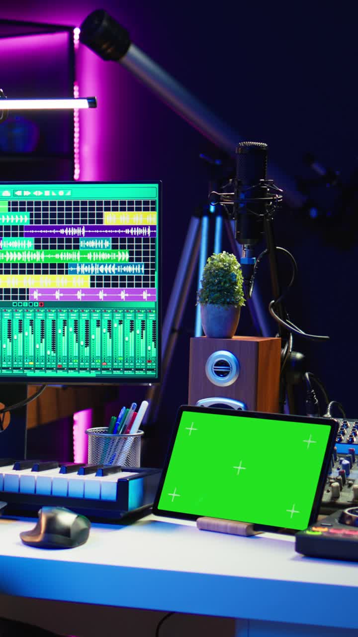 Hands Playing MIDI Keyboard in Music Production Studio with Green Screen Tablet