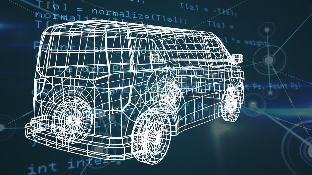 데이터 처리 및 연결과 함께 해군 배경에 회전하는 밴 모델의 애니메이션