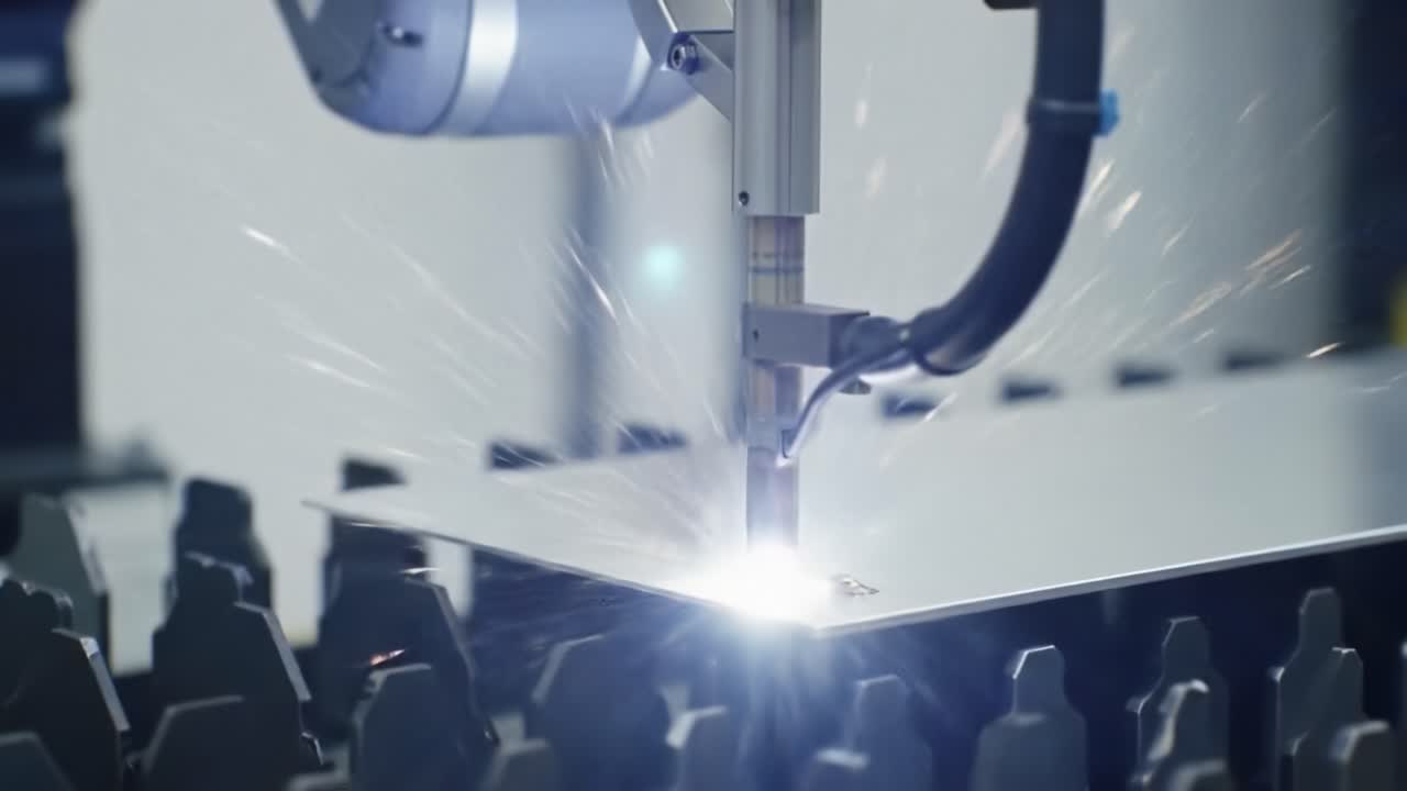 Precision Laser Welding Process: A High-Performance Robotic Arm Engaging in Metal Fabrication with Spectacular Sparks and Seamless Joints in an Industrial Setting