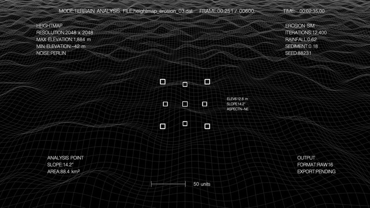An advanced digital interface showcasing a terrain analysis simulation with heightmap data, erosion modeling, and a wireframe landscape.