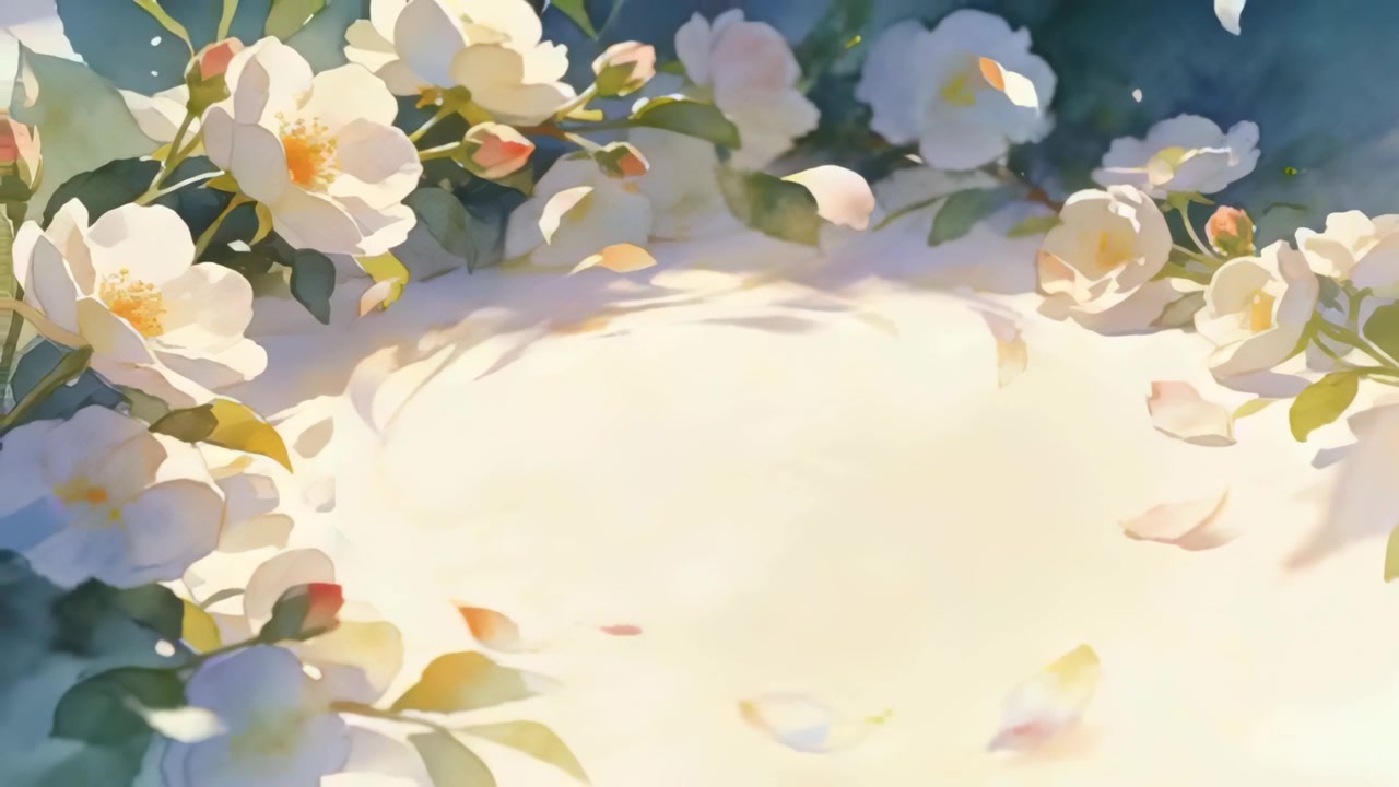 日光が当たる低木の中で、ツバキの花びらが渦を巻くように光る中心に集まり、そよ風に舞い散る。