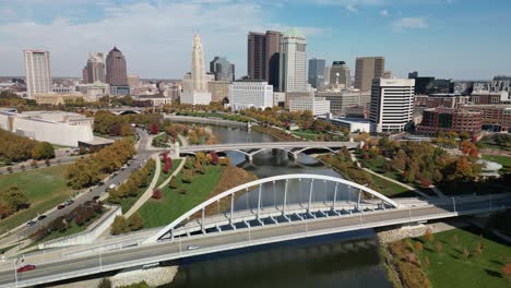 Aerial-ascent-of-Scioto-River-and-downtown-Columbus,-Ohio---Drone-4k