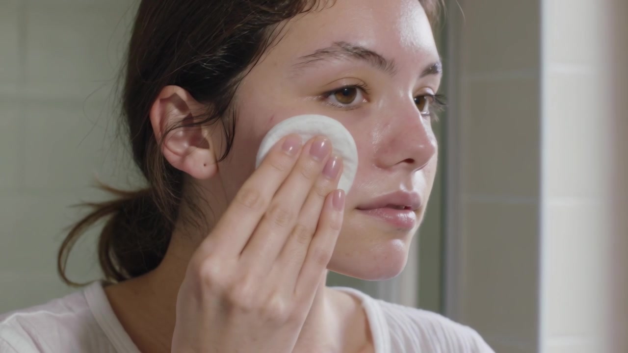 Donna adulta che, con un dischetto di cotone, deterge, tampona e strofina il viso davanti allo specchio del bagno, indossando una maglietta e vicino a una finestra.