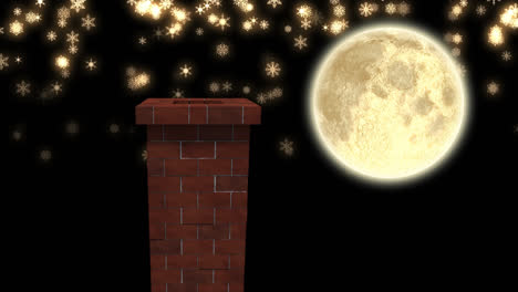 Animation-of-winter-christmas-scenery-with-chimney,-snow-falling-and-moon