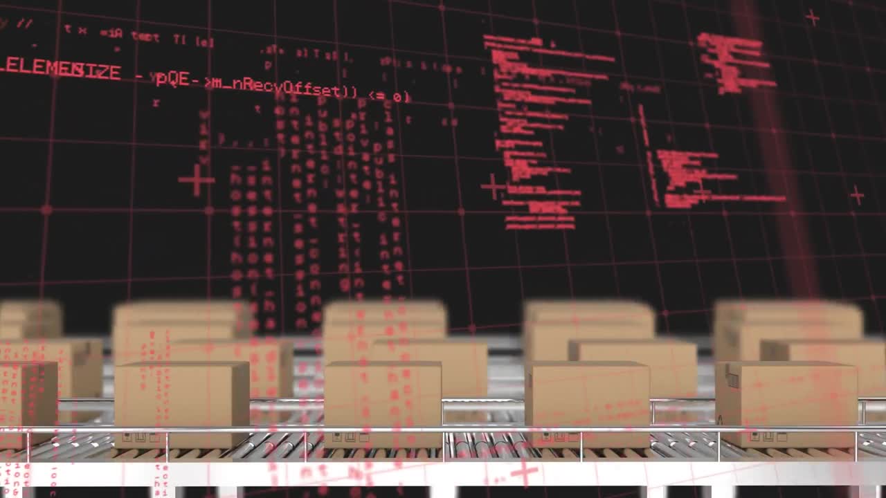 Animation af databehandling over papkasser på transportbånd